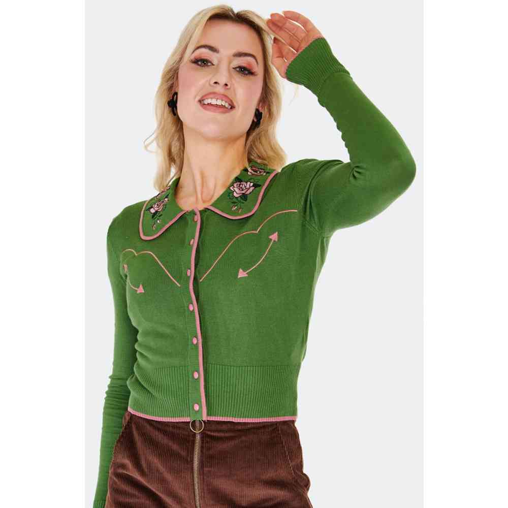 Voodoo Vixen - Western Style Rose Embroidered Cardigan - Vert
